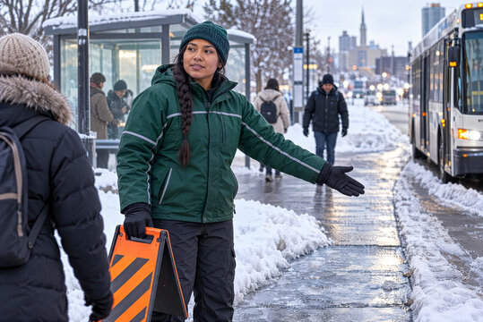 Transit worker signaling bus on snowy city street during winter commute