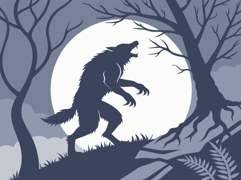 Silhouette of howling wolf under full moon in dark forest vector illustration.