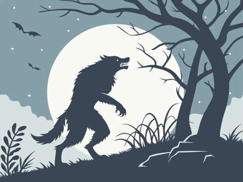 Silhouette of howling wolf under full moon in spooky forest at night with bats flying.