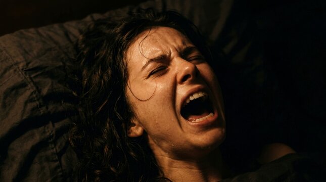 Distraught young woman screaming in agony with mouth wide open, eyes closed, and face contorted in pain and fear, lying on a dark bed in dramatic low light, concept of intense emotional distress and s