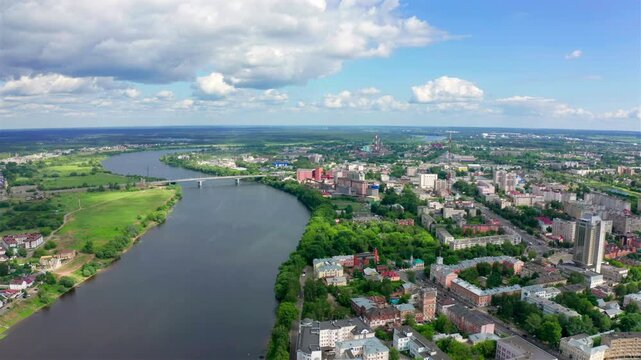 Panorama of the city of Tver, Russia. Drone footage. Volga River. Drone footage