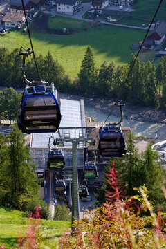 Gaislachkogelbahn gondola cabins ascending Mount Gaislachkogl to 007 Elements, an interactive cinematic installation dedicated to James Bond on sunny day on August 12, 2026 in Solden, Austria.