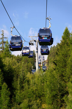 Gaislachkogelbahn gondola cabins ascending Mount Gaislachkogl to 007 Elements, an interactive cinematic installation dedicated to James Bond on sunny day on August 12, 2026 in Solden, Austria.