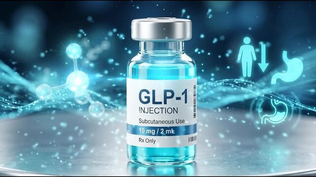 GLP-1 injection vial with blue liquid and digital medical icons for diabetes and weight loss treatment