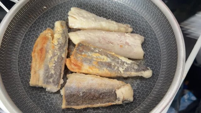 Fried fish fillets whitefish hake seafood pescatarian diet healthy eating, nutritious meals delicious appetizers, fresh ingredients gourmet cuisine, traditional dishes food background top view copy sp