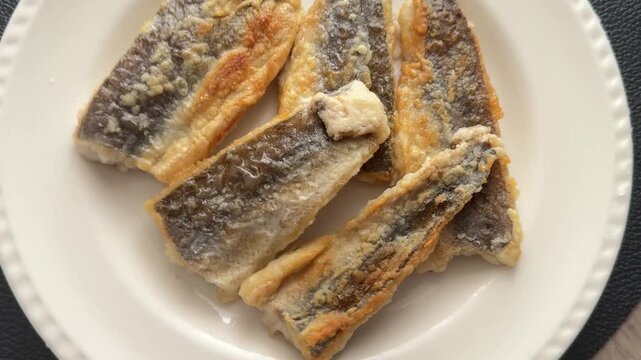 Fried fish fillets whitefish hake seafood pescatarian diet healthy eating, nutritious meals delicious appetizers, fresh ingredients gourmet cuisine, traditional dishes food background top view copy sp