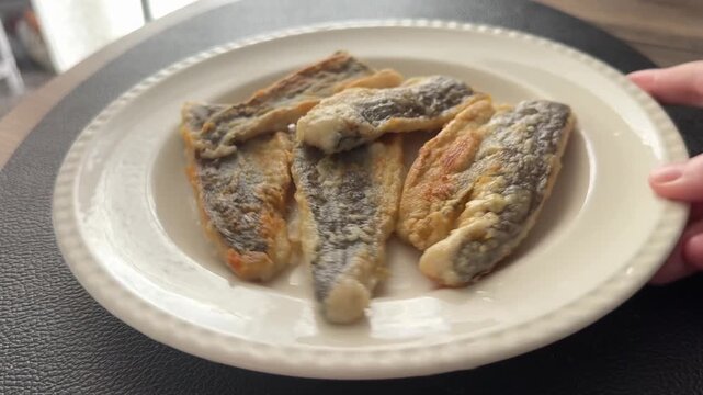 Fried fish fillets whitefish hake seafood pescatarian diet healthy eating, nutritious meals delicious appetizers, fresh ingredients gourmet cuisine, traditional dishes food background top view copy sp