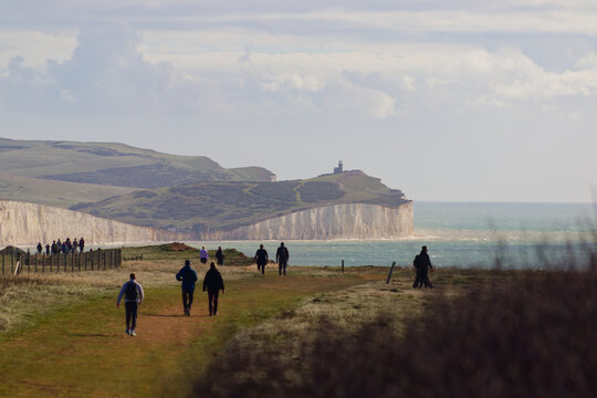 Birling Gap and Belle Tout Lighthouse as seen from across the bay near Seaford Head, Sussex, England