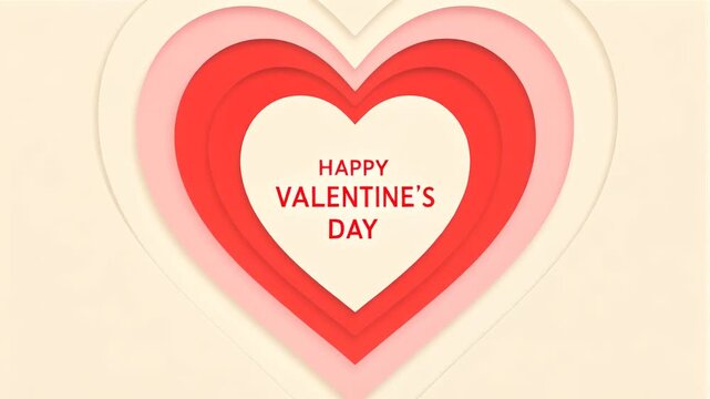 Valentine day animation video with red pink and cream paper cut hearts blooming from center while happy valentines day text for romantic love celebration holiday greetings social media video content