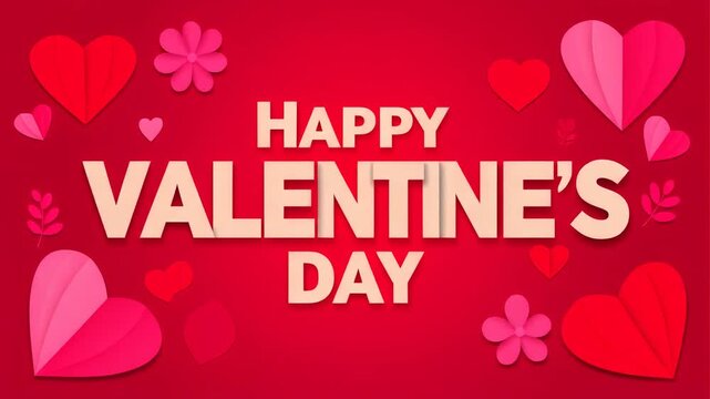 Animated happy valentines day video text motion graphic featuring paper art hearts and floral elements on red background for romantic holiday greetings or social media video content website banner