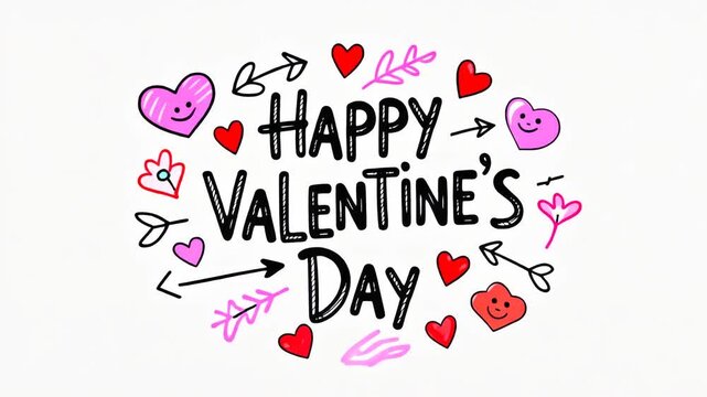 Happy valentines day Animation video with handwritten doodle style lettering with cute red pink hearts arrows graphic elements moving on white background for valentine social media video content
