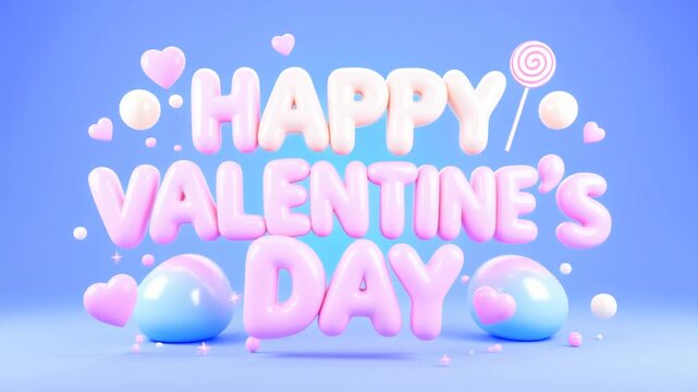 Happy valentines day 3d render animation video with festive pink and blue background for romantic holiday, motion graphic design with sweet hearts, lollipops elements for social media video content