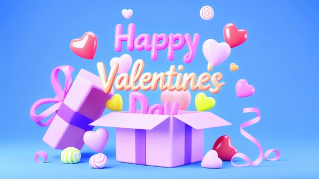 Happy Valentines Day animation video with gift box opens revealing surprise with hearts and balloons dynamic motion and festive atmosphere celebration love and romance for social media video content