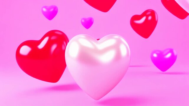 Happy Valentine's day video animation with 3d hearts motion graphic video background with dynamic movement of pink, red, and white glossy hearts for social media video content and website video banner