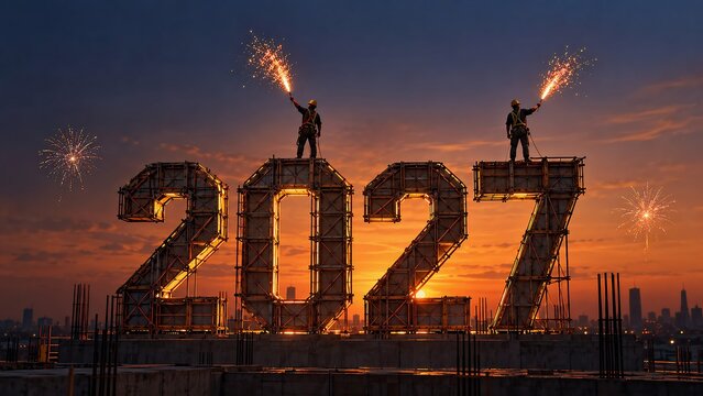 Two people standing on giant 2027 numbers holding fireworks celebrating the new year at sunset