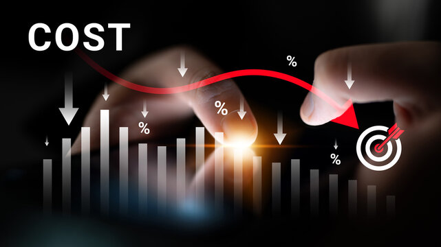 Business analysis with focus on cost reduction trend, finger pointing at target with graph depicting decrease in expenses and financial strategy concept. Glyphic.