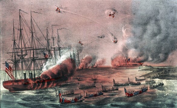 Illustration shows the successful attack by the US Navy under Commodore Silas H. Stringham and General Benjamin F. Butler on the Confederate fortifications at Hatteras Inlet during the American Civil War on August 27, 1861, authentic, digitally restored reproduction in high resolution from a 19th century original, exact date of presentation unknown, American history, historical