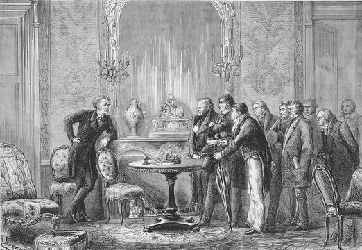 Mercadet or Waiting for Godeau, scene from the performance of the Comedie Francaise in 1869, Paris, France, Historic, digitally restored reproduction of an original 19th century original, exact original date unknown