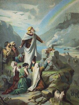 Biblical story, Noahs sacrifice, chrome lithograph from a house Bible, ca 1870