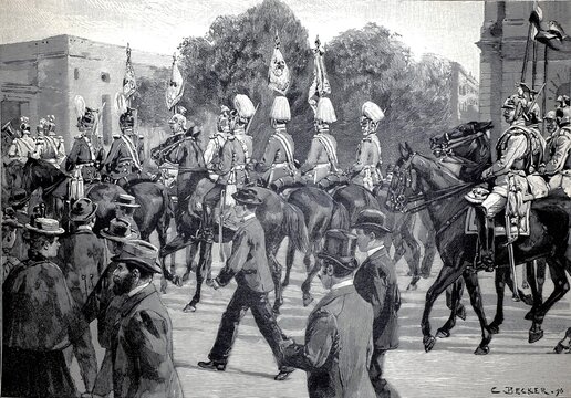 Picking up the standards from the Royal Palace in Berlin for the spring parade, 1896, Germany, illustration, reproduction from a model from the 19th century. Authentic, file restored for optimal use, exact date of submission unknown, historical, soldiers on horses in formal parade through a busy street