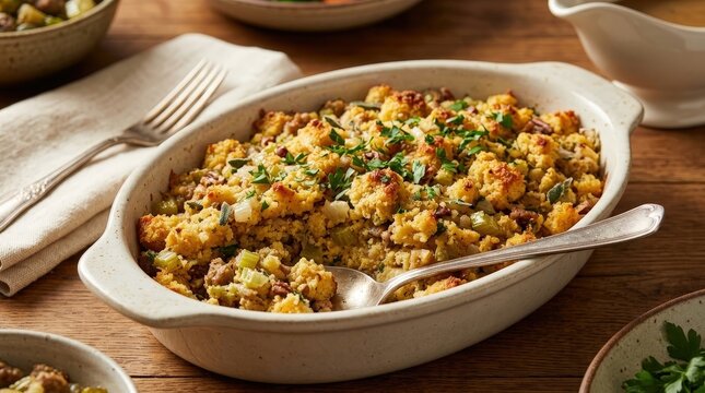 Homemade cornbread stuffing casserole with herbs and vegetables in a ceramic baking dish, traditional holiday side dish, Thanksgiving dinner.
