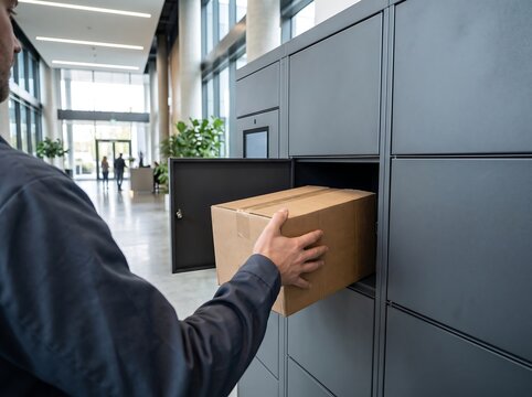 Delivery driver placing cardboard box into modern office parcel