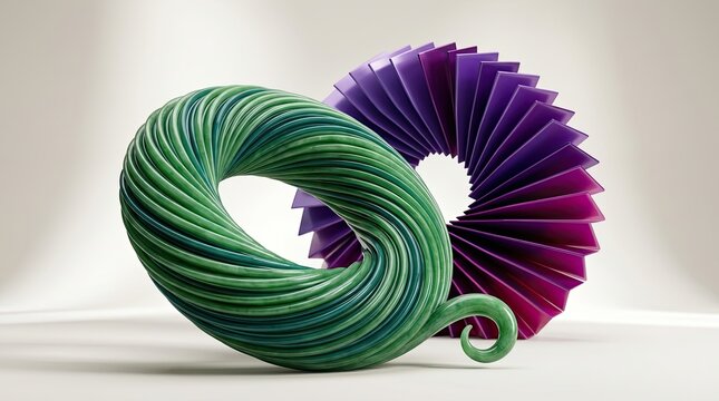 Abstract 3d render of a green twisted torus and a purple pleated circular fan