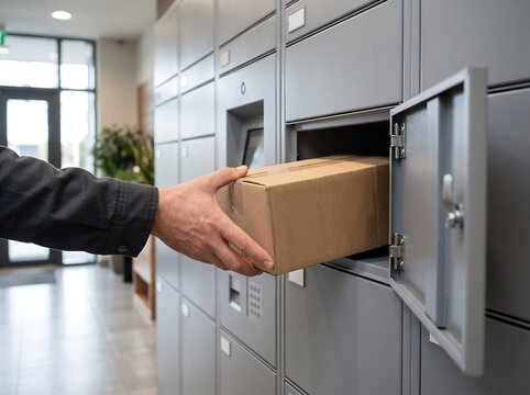 Delivery worker placing parcel in secure gray mailbox locker system