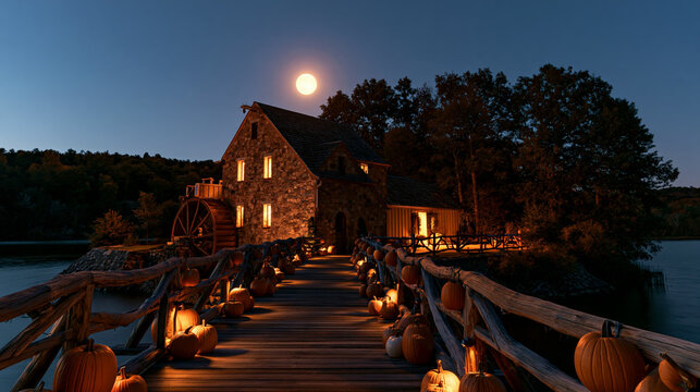 a rustic stone mill with a wooden structure and a large water wheel. The mill is situated beside a calm lake, illuminated by the soft glow of a full moon. The sky is a deep blue.
