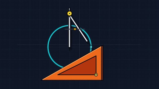 Geometric tools compass and triangle drawing a circle on a dark grid background concept