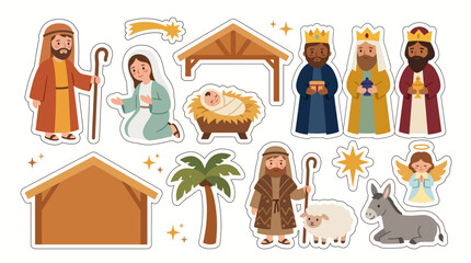 Naklejka premium Nativity sticker sheet with Joseph, Mary, baby in manger, wise men with gifts, shepherd with sheep, angel, donkey, palm tree, stable and shining stars in warm earthy colors.