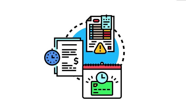 Account documents, payment alert, and calendar icon are financial management for overdue bills, reminding about business time and money reporting