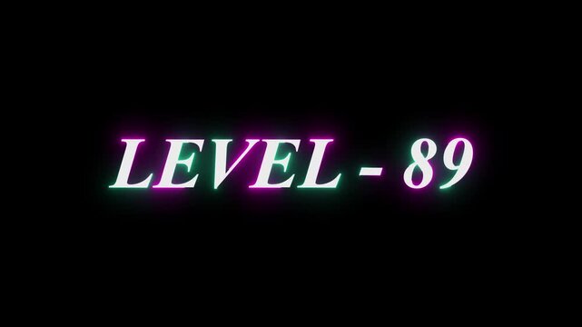 Level-89 neon bright text font, colorful motion animation. Glowing neon text Level 38 icon animation. Level th