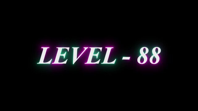 Level-88 neon bright text font, colorful motion animation. Glowing neon text Level 38 icon animation. Level th