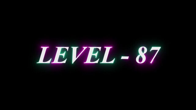 Level-87 neon bright text font, colorful motion animation. Glowing neon text Level 38 icon animation. Level th