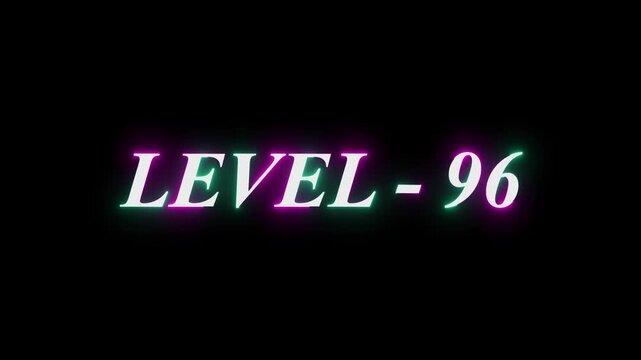 Level-96 neon bright text font, colorful motion animation. Glowing neon text Level 38 icon animation. Level th