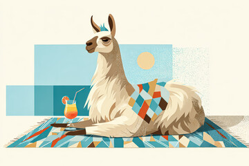 Fototapeta premium A whimsical illustration of a llama lounging on a patterned rug with a tropical drink nearby, set against a geometric background.