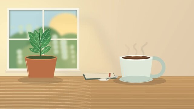Cozy Morning Coffee by a Window with a Potted Plant