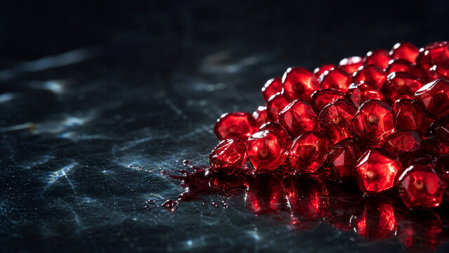  Pomegranate arils macro backlit on dark glass with copy space