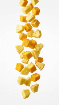 Fresh mango cubes and pineapple chunks suspended in a bright tropical fruit cascade