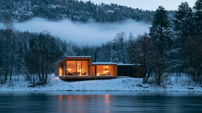 a modern, minimalist house situated beside a calm lake. The house has a wooden exterior and large glass windows, allowing natural light to illuminate the interior.