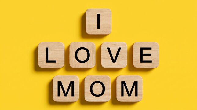 I Love Mom Message Created with Wooden Letter Tiles on Bright Yellow Background Representing Motherhood Family Affection Maternal Bond Appreciation and Mother's Day Celebration