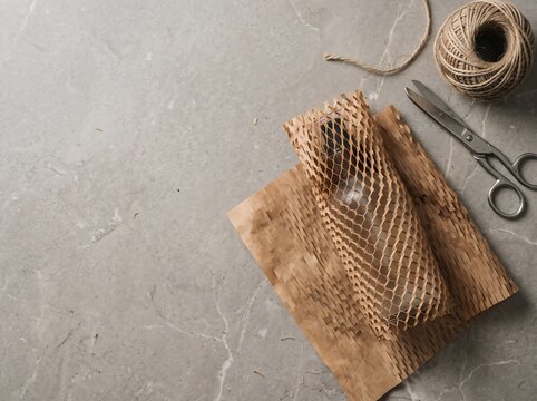 Skincare bottle wrapped in protective honeycomb paper for sustainable