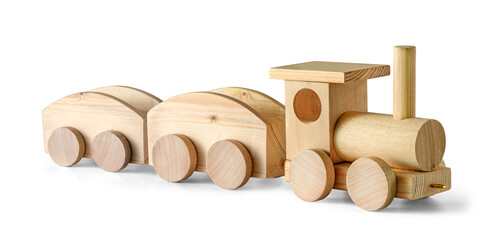 Wooden toy train set with locomotive and two carriages isolated on transparent © Soho A studio