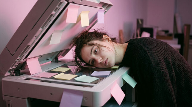 Woman Resting Head on Sticky Note Covered Copier