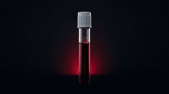 One capped test tube holding dark red liquid stands vertically against a nearly black backdrop with a subtle crimson glow. Concept of laboratory research for healthcare design. Generative AI.
