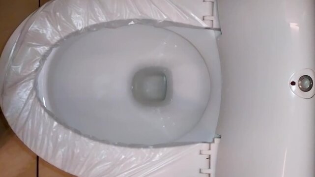 A woman presses a button on a wall to activate the automatic hygienic plastic film cover on a public toilet seat.