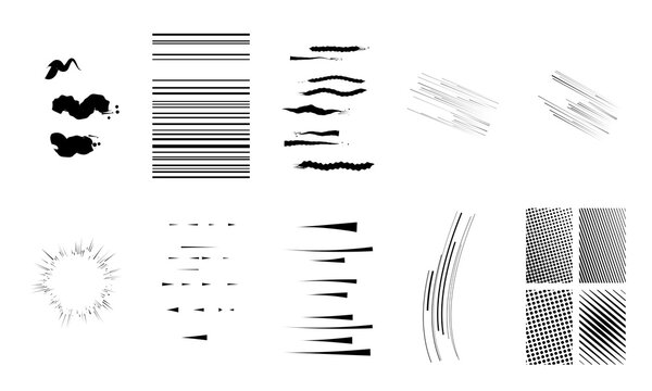 Comic speed line brushes and halftone dots in black ink style offer versatile motion effects for manga artists and professional graphic designers.