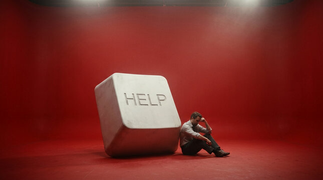Man Sitting Near Giant Help Button on Red