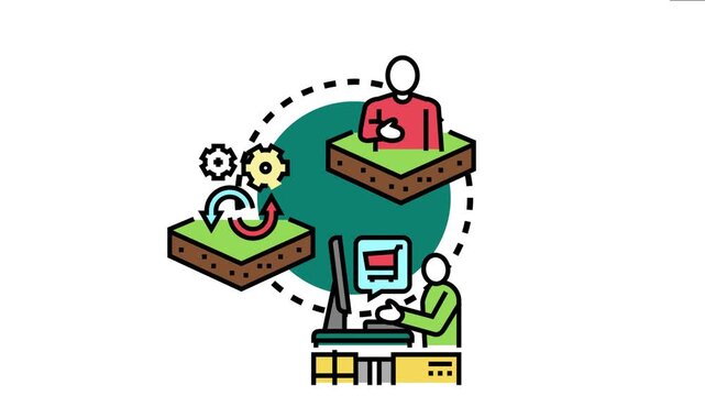 Ownership concept property rights management, digital assets, and investment processes with people interacting around virtual land plots and a computer